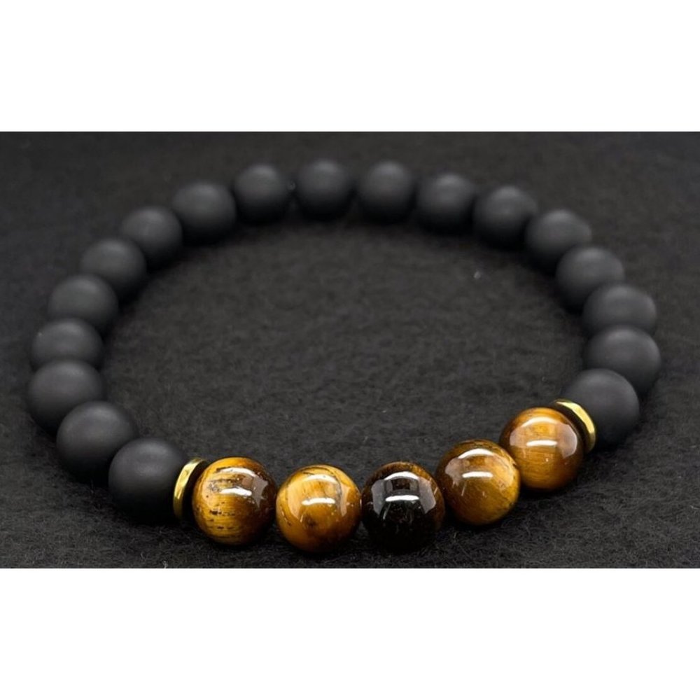 Hand Crafted Black Matte Onyx with Tiger Eye Accent Bracelet